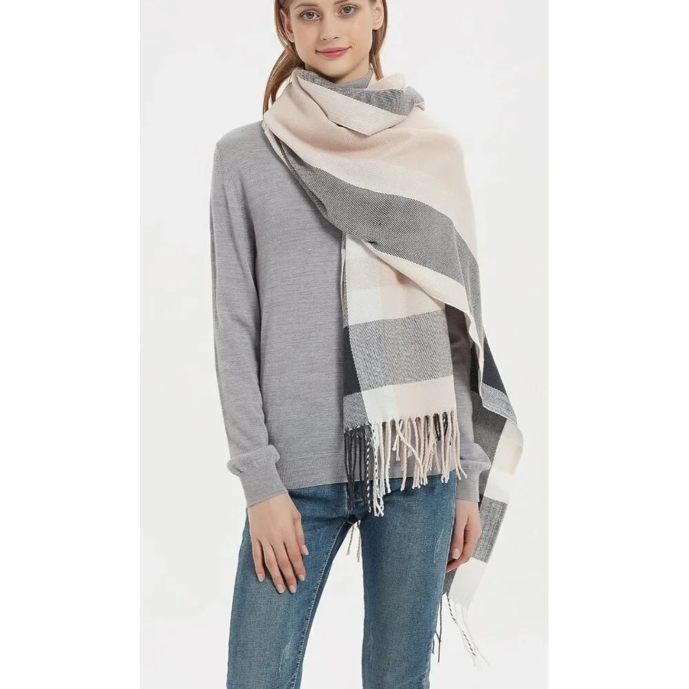 Women's Grey Pink Fashion Long Shawl Big Grid Winter Warm Lattice Large Scarf